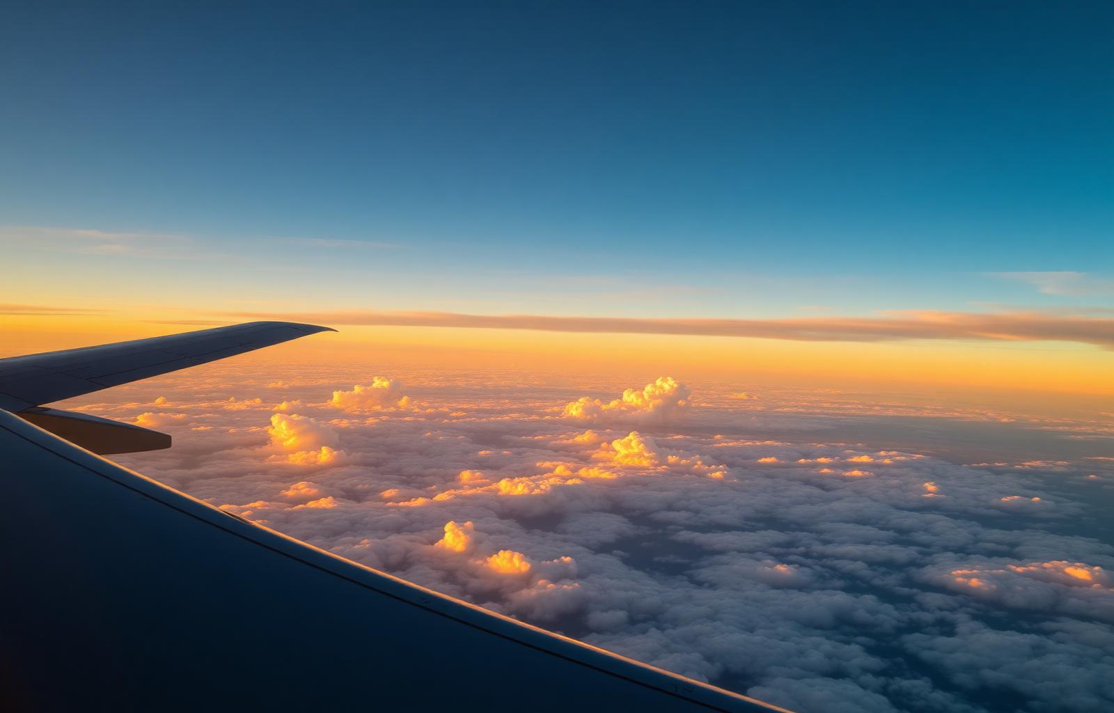 Airplane wing above sunset clouds